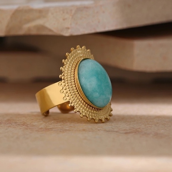 𝅺RETRO Large Aqua Natural Stone Gold Plated Statement Ring - Picture 1 of 12